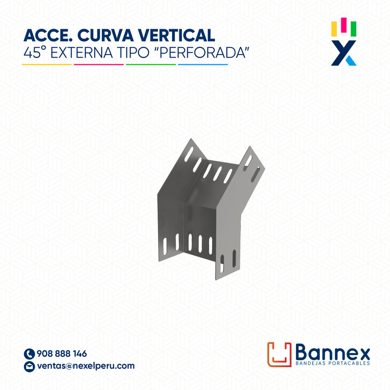 CURVA VERTICAL EXTERNA 45° GALV. TIPO "PERFORADA" 150x150MM 1.2MM C/TAPA INC. UNION BANNEX