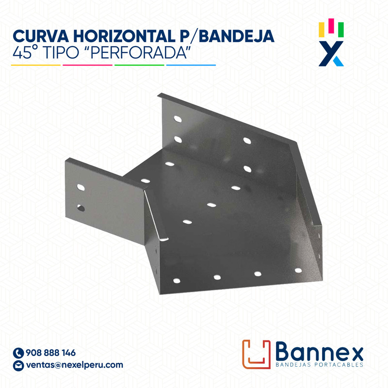 CURVA HORIZONTAL 45° GALV. TIPO "PERFORADA" 400x60MM 1.2MM S/TAPA INC. UNION BANNEX