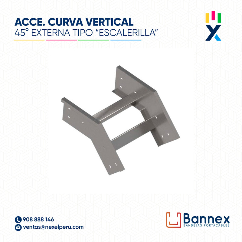 CURVA VERTICAL EXTERNA 45° GALV. TIPO "ESCALERILLA" 250x100MM 1.2MM C/TAPA INC. UNION BANNEX