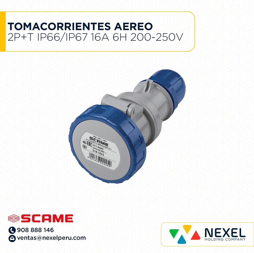 OUT- TOMACORRIENTES AEREO 2P+T IP66/IP67 16A 6H 200-250V TYP:318.1643 SCAME