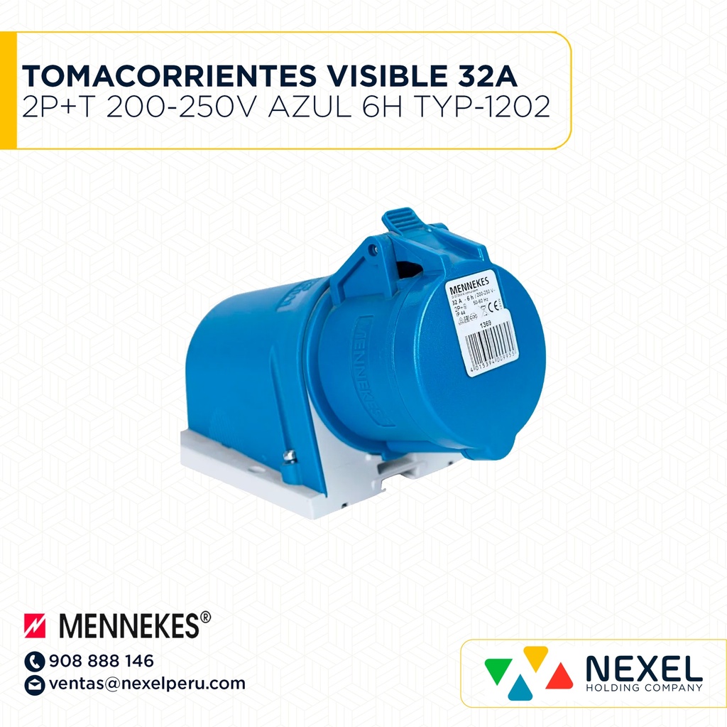 OUT- TOMACORRIENTE VISIBLE 32A 2P+T 200-250V AZUL 6H- TYP-1202 MENNEKES