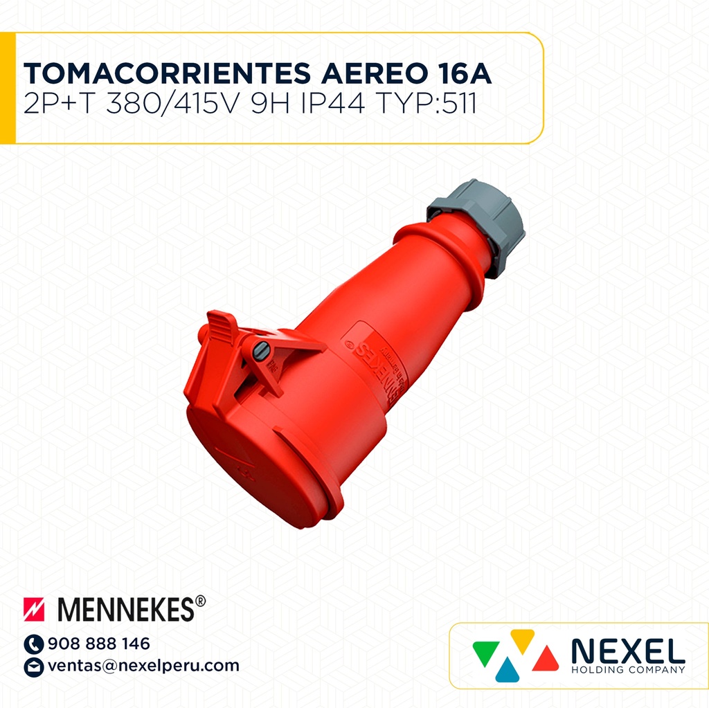 OUT- TOMACORRIENTE AEREO 16A 2P+T 380/415V 9H IP44 TYP:511 ROJO MENNEKES