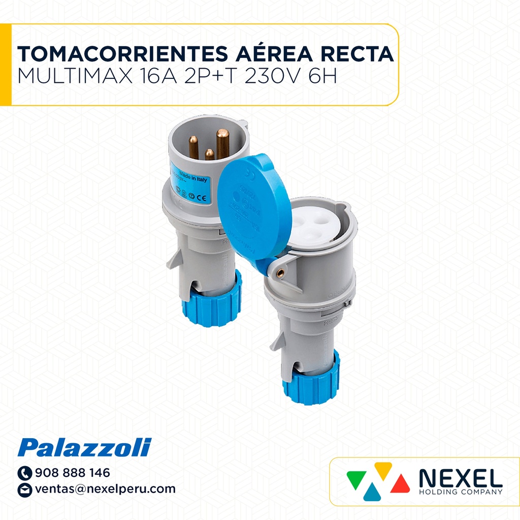 OUT- TOMACORRIENTES AÉREA RECTA MULTIMAX 16A 2P+T 230V 6H IP44 720126 PALAZZOLI