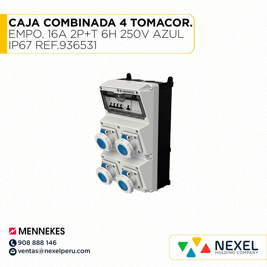 OUT- CAJA COMBINADA 4 TOMACORRIENTE EMPOTRABLE 16A 2P+T 6H 250V AZUL IP67. C/ 4 INT. TERMICO 1X16A ABB + 1 DIF 2X40A ABB REF.936531 MENNEKES