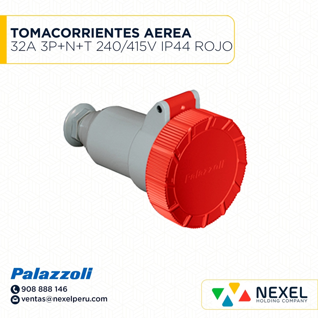 OUT- TOMACORRIENTES AEREA 32A 3P+N+T 240/415V IP44 ROJO 730246 PALAZZOLI