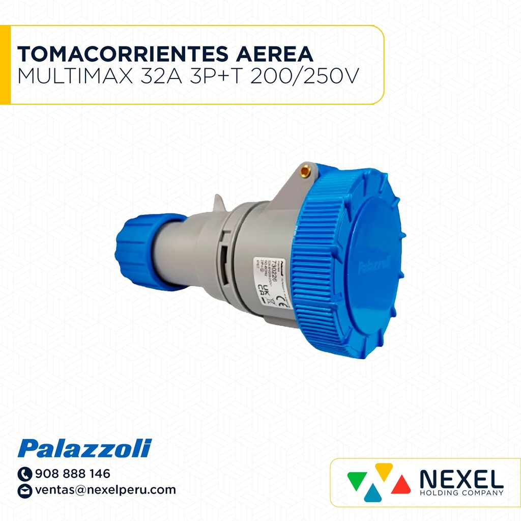 OUT- TOMACORRIENTES AEREA MULTIMAX 32A 3P+T 200/250V 6H IP44 AZUL 720239 PALAZZOLI