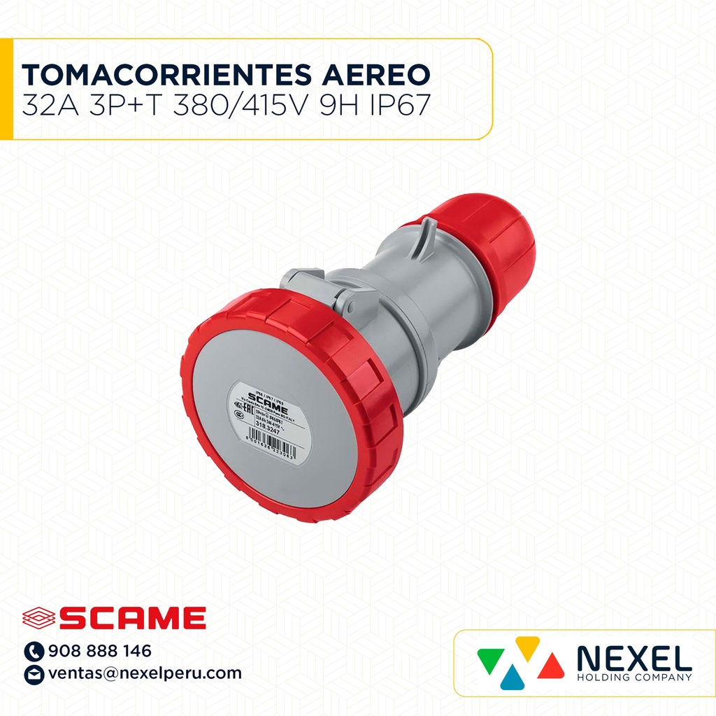 OUT- TOMACORRIENTES AEREO 32A 3P+T 380/415V 9H IP67 318.3246 ROJO SCAME