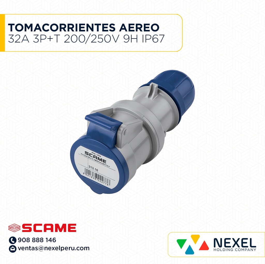 OUT- TOMACORRIENTES AEREO 32A 3P+T 200/250V 9H IP67 AZUL 318.3244 SCAME