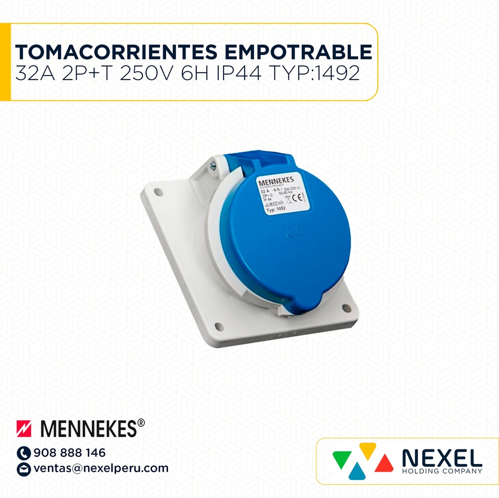 OUT-TOMACORRIENTES EMPOTRABLE 32A 2P+T 250V 6H IP44 TYP:1492 AZUL MENNEKES