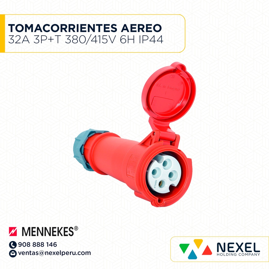 OUT- TOMACORRIENTE AEREO 32A 3P+T 380/415V 6H IP44 TYP:526 ROJO MENNEKES