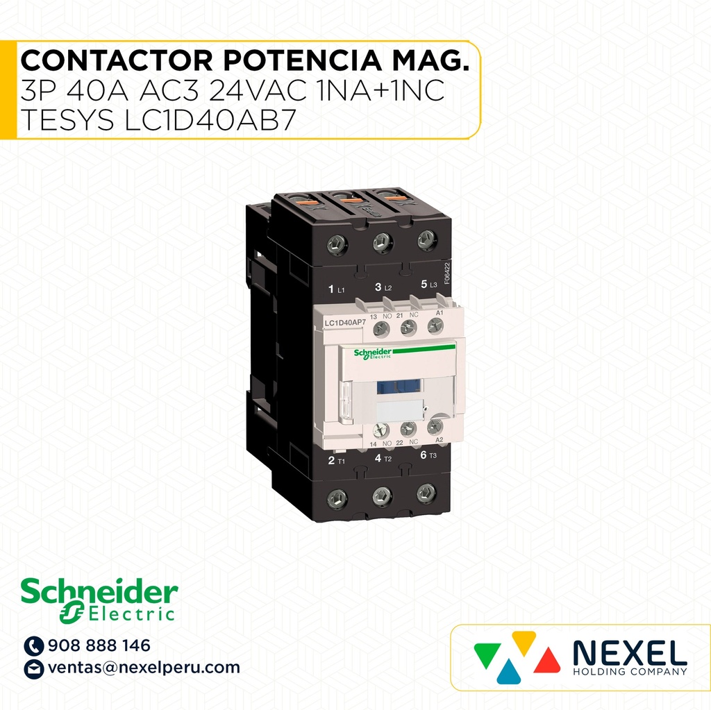 CONTACTOR POTENCIA MAGNETICO 3P 40A AC3 24VAC 1NA+1NC TESYS LC1D40AB7 SCHNEIDER