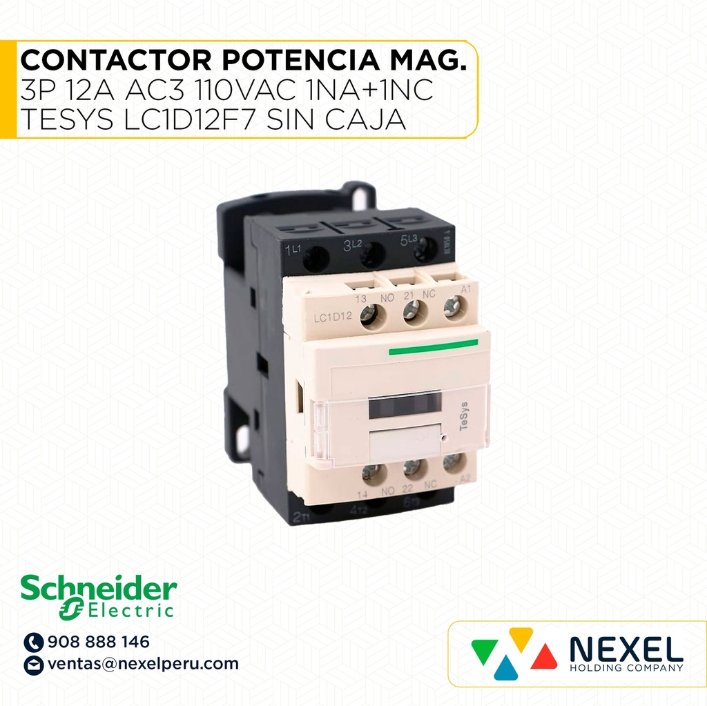 OUT- CONTACTOR POTENCIA MAGNETICO 3P 12A AC3 110VAC 1NA+1NC TESYS LC1D12F7 SIN CAJA (OULET) SCHNEIDER