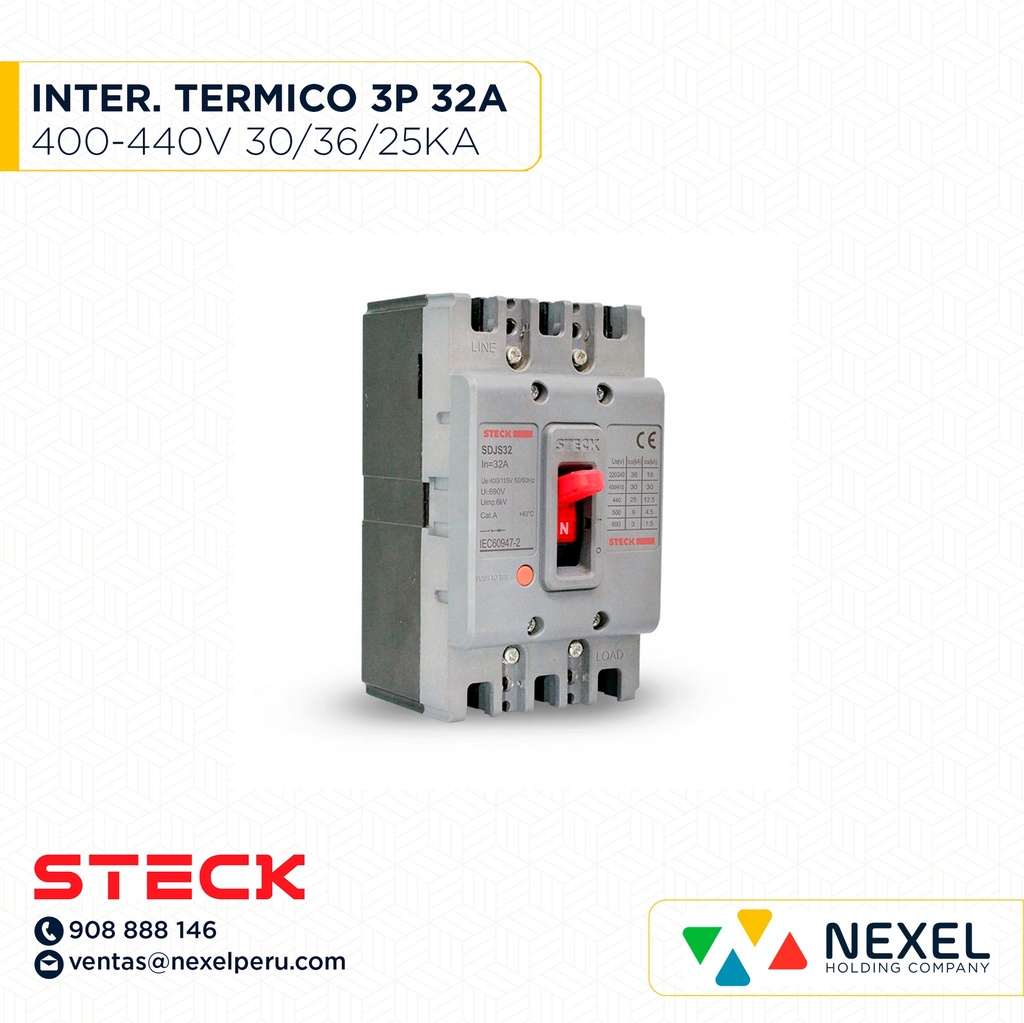 OUT- INTERRUPTOR AUT CAJA MOLD 3P FIJO 32A 36/30/25KA 220/400/440VAC SDJS32 (SD-LS32) (OULET SIN PASANTE/CAJA) STECK