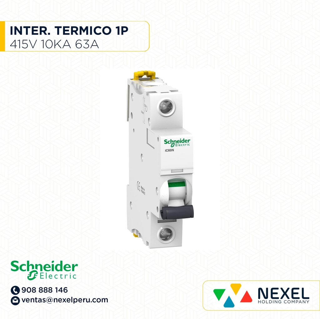OUT-INTERRUPTOR AUT TERMOMAG P/RIEL 1P 63A 230/415VAC 10/3KA IC60N A9F74163 SCHNEIDER