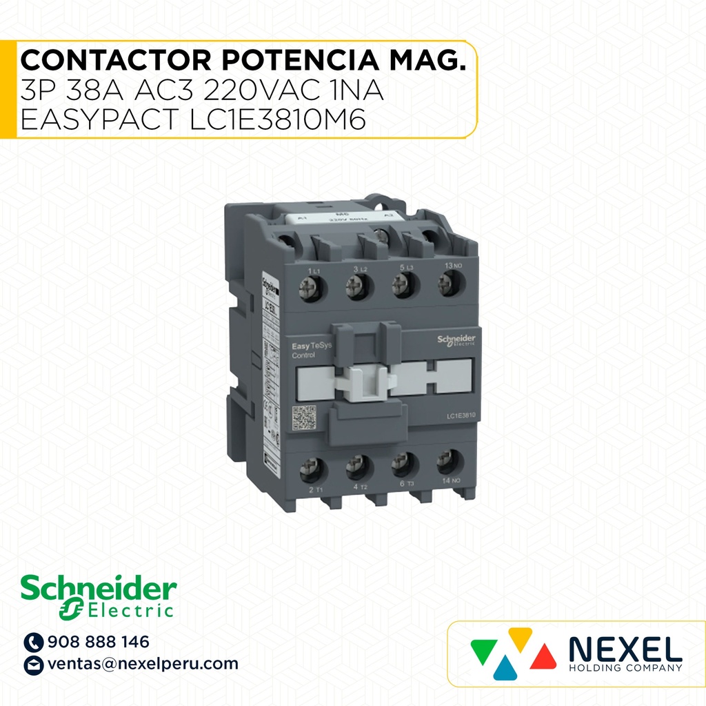 CONTACTOR POTENCIA MAGNETICO 3P 38A AC3 220VAC 1NA EASYPACT LC1E3810M6 SCHNEIDER
