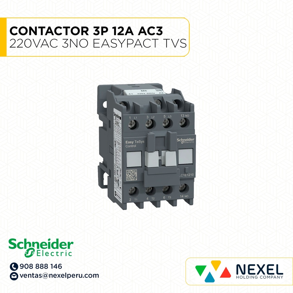 CONTACTOR 3P 12A AC3 220VAC 3NO EASYPACT TVS LC1E1210M6 SCHNEIDER