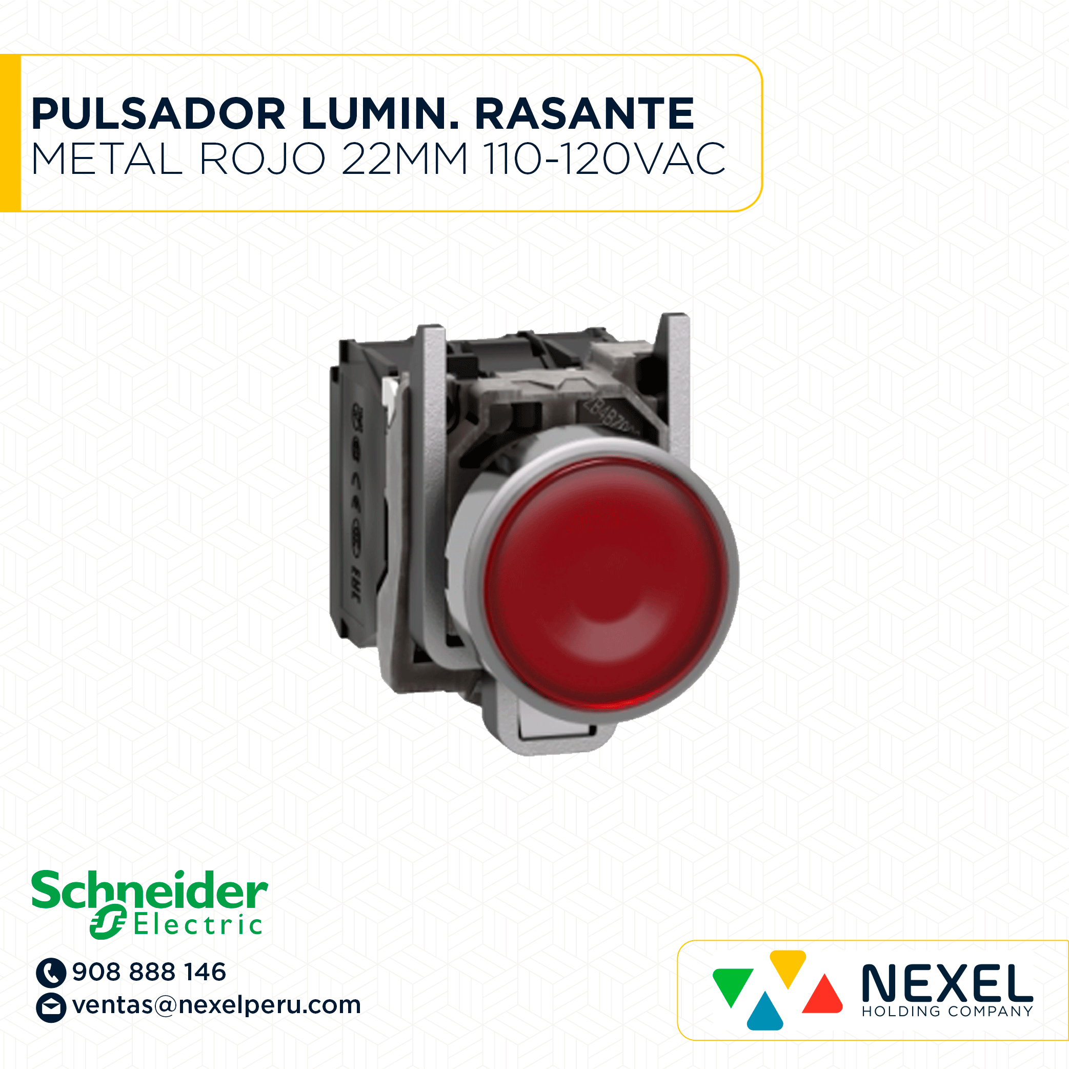 OUT- PULSADOR LUMIN. RASANTE METAL ROJO 22MM 110-120VAC C/LED 1NA+1NC HARMONY XB4BW34G5 SCHNEIDER