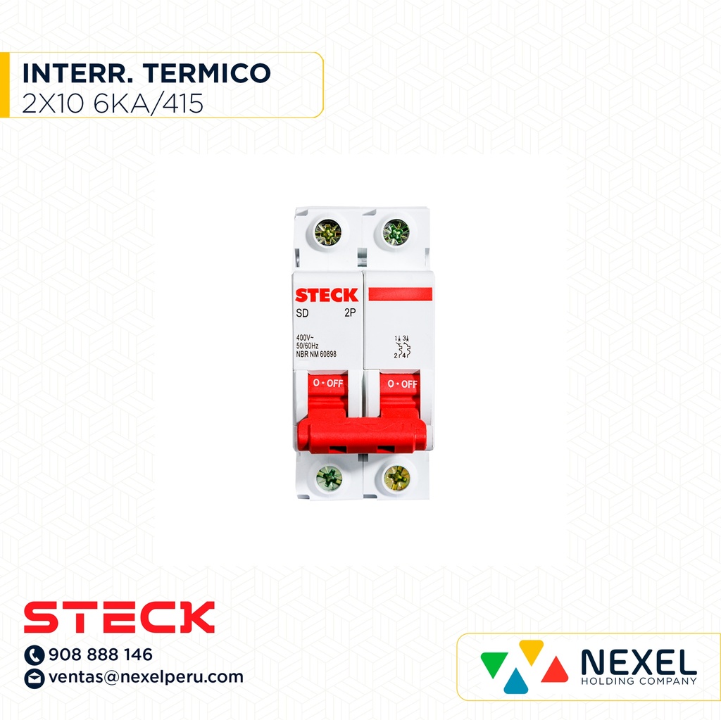 OUT- INTERRUPTOR TERMOMAGNETICO 2X10A. 6KA/415V -10KA/220V / SDZ-D62C10 STECK