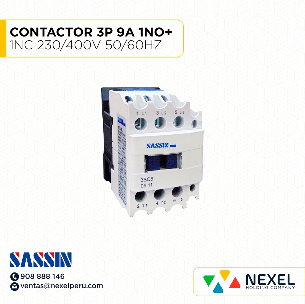 CONTACTOR 3P 9A (1NO+1NC) 230/400V 50 / 60 HZ COD:3SC8-0911 SASSIN
