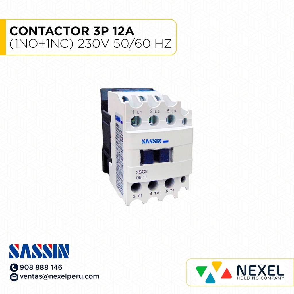 CONTACTOR 3P 12A (1NO+1NC) 230V 50 / 60 HZ COD:3SC8-1211 SASSIN