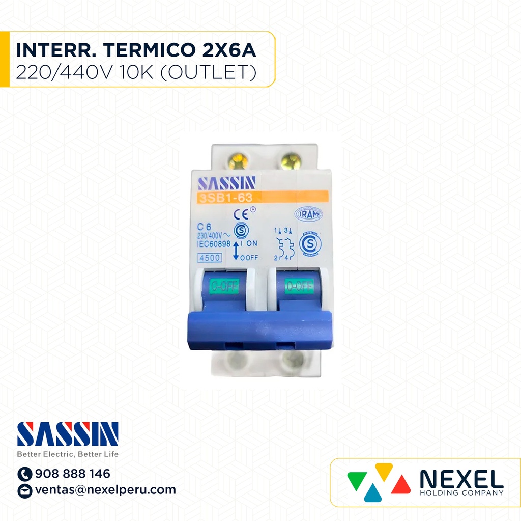 INTERR. TERMICO RIEL DIN 2X6A 10K 220/400V SASSIN