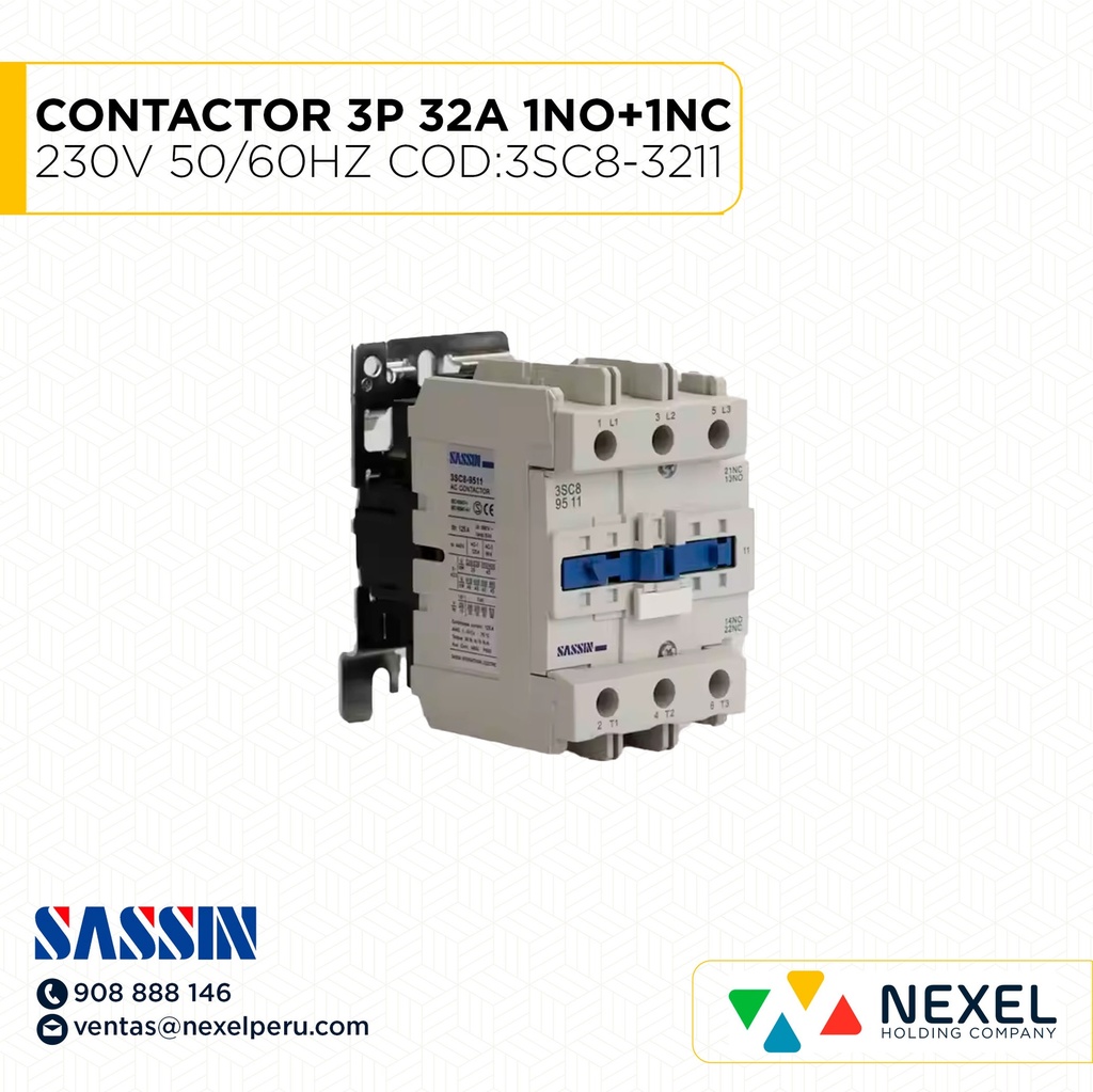 CONTACTOR 3P 32A (1NO+1NC) 230V 50 / 60 HZ COD:3SC8-3211 SASSIN (OULET)