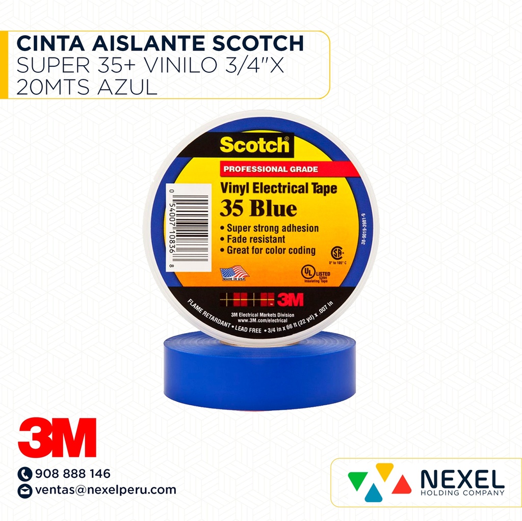 CINTA AISLANTE SCOTCH SUPER 35+ VINILO 3/4"X 20MTS AZUL 3M