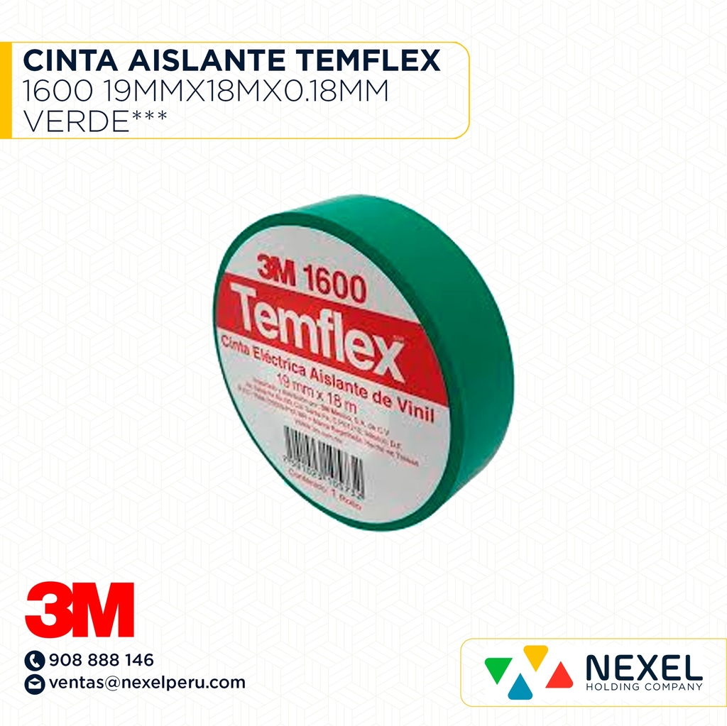 CINTA AISLANTE TEMFLEX 1600 19MMX18MX0.18MM VERDE*** 3M