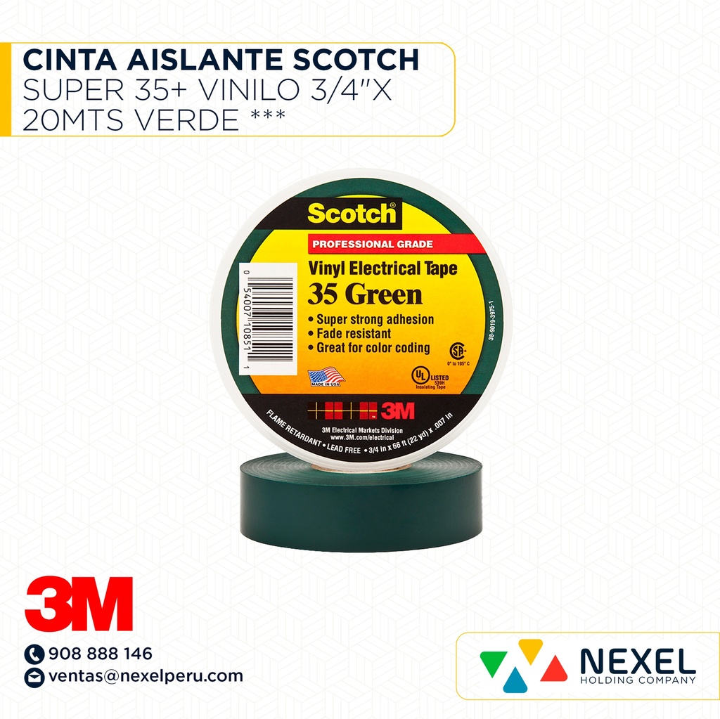CINTA AISLANTE SCOTCH SUPER 35+ VINILO 3/4"X 20MTS VERDE *** 3M