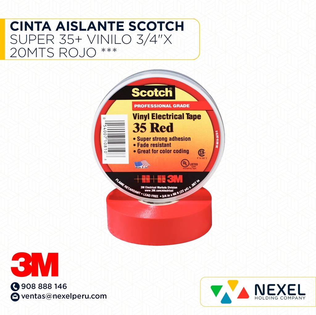 CINTA AISLANTE SCOTCH SUPER 35+ VINILO 3/4"X 20MTS ROJO *** 3M