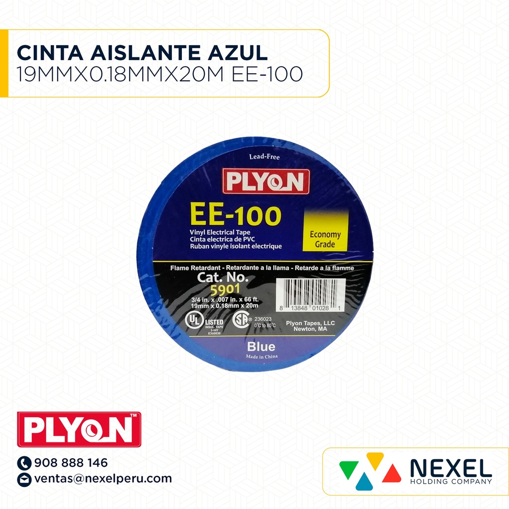 CINTA AISLANTE AZUL 19MMX0.18MMX20M EE-100 PLYON