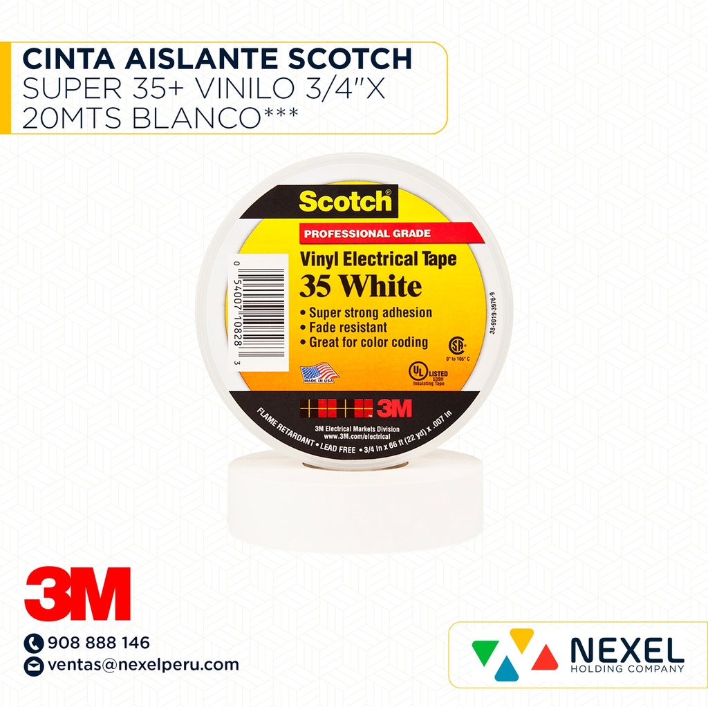 CINTA AISLANTE SCOTCH SUPER 35+ VINILO 3/4"X 20MTS BLANCO*** 3M