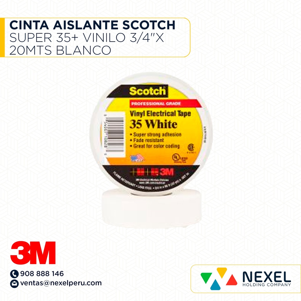 CINTA AISLANTE SCOTCH SUPER 35+ VINILO 3/4"X 20MTS BLANCO 3M