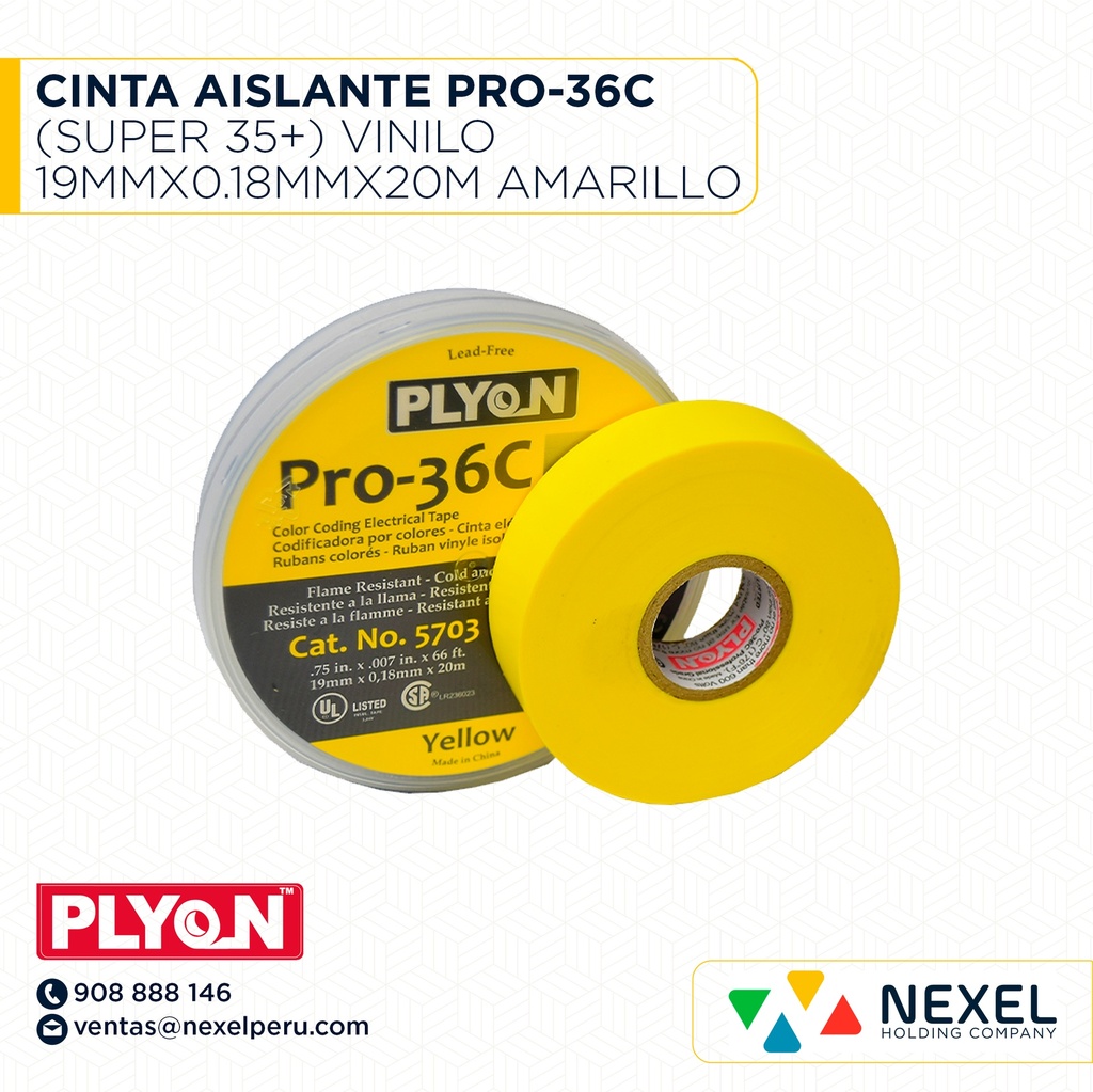 CINTA AISLANTE PRO-36C (SUPER 35+) VINILO 19MMX0.18MMX20M AMARILLO PLYON