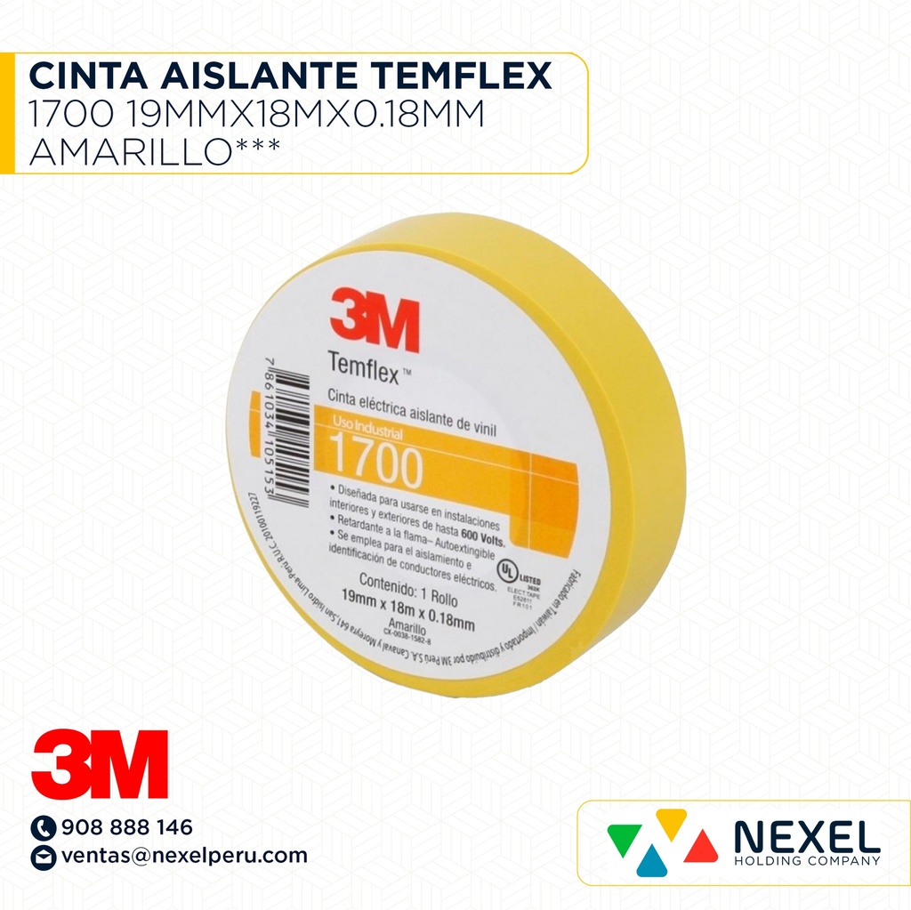 CINTA AISLANTE TEMFLEX 1700 19MMX18MX0.18MM AMARILLO*** 3M