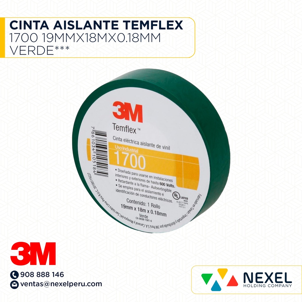 CINTA AISLANTE TEMFLEX 1700 19MMX18MX0.18MM VERDE*** 3M