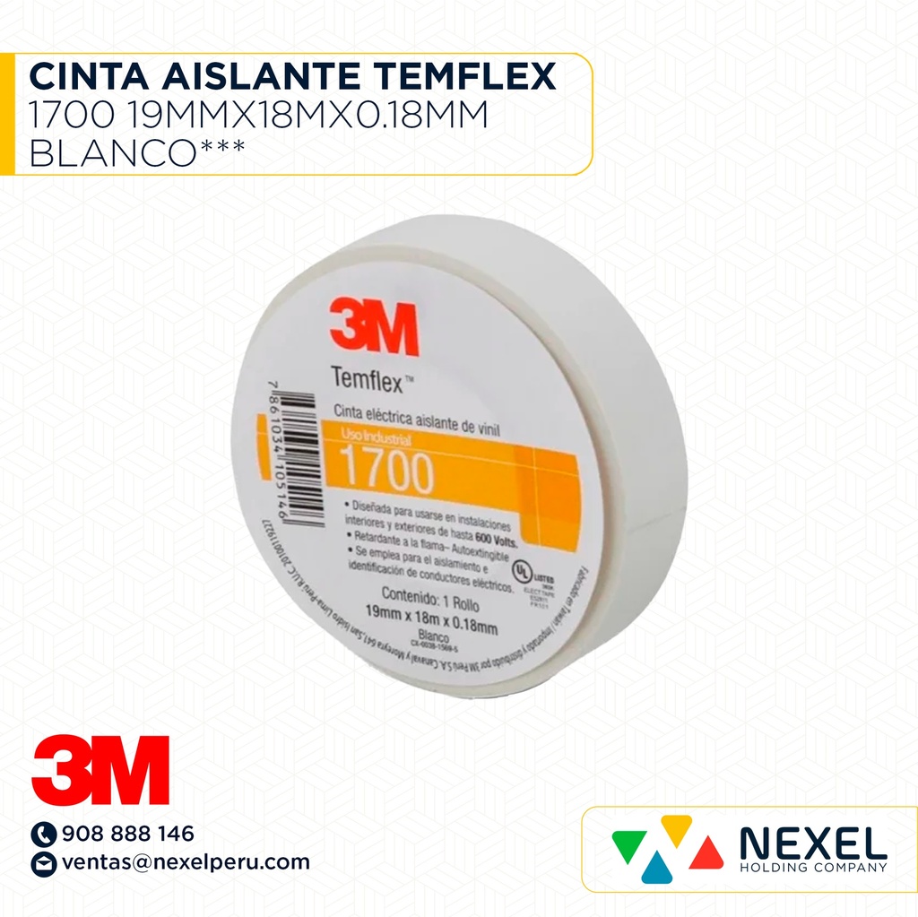 CINTA AISLANTE TEMFLEX 1700 19MMX18MX0.18MM BLANCO*** 3M