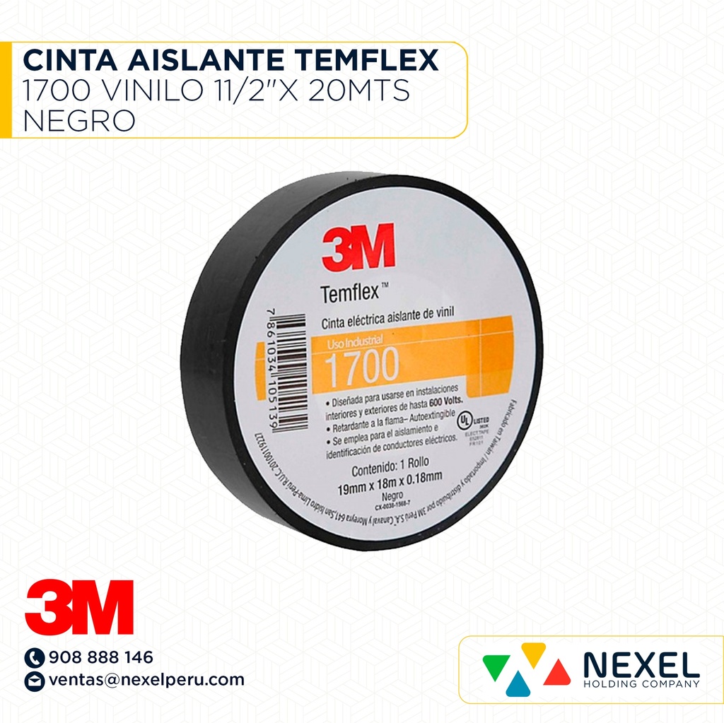 CINTA AISLANTE TEMFLEX 1700 VINILO 11/2"X 20MTS NEGRO 3M