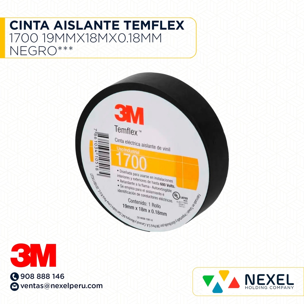 CINTA AISLANTE TEMFLEX 1700 19MMX18MX0.18MM NEGRO*** 3M