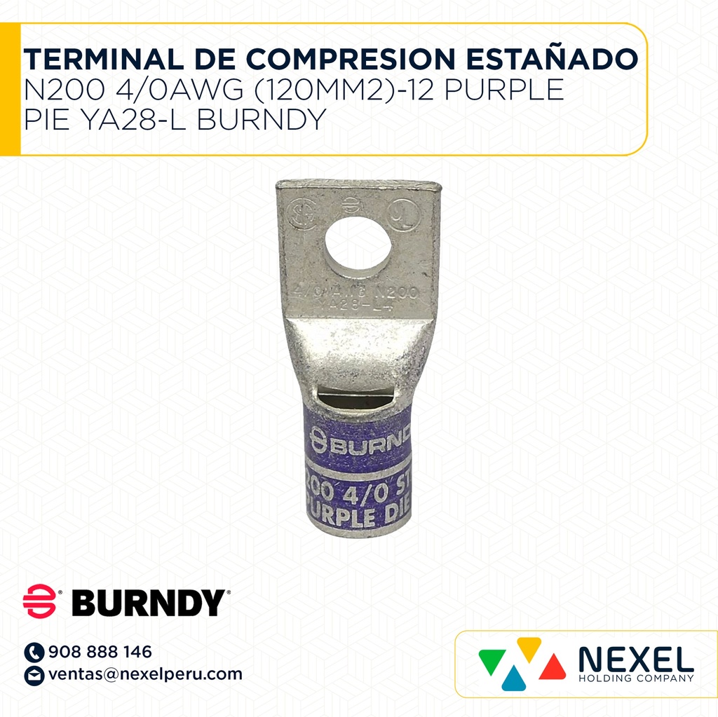 TERMINAL DE COMPRESION ESTAÑADO N200 4/0AWG (120MM2)-12 PURPLE PIE YA28-L BURNDY