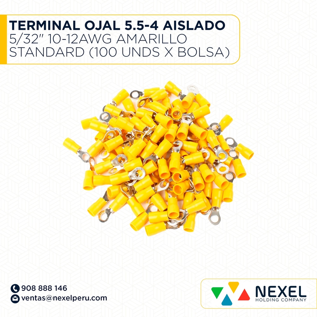 TERMINAL OJAL 5.5-4 AISLADO 5/32" 10-12AWG AMARILLO STANDARD (100 UNDS X BOLSA)