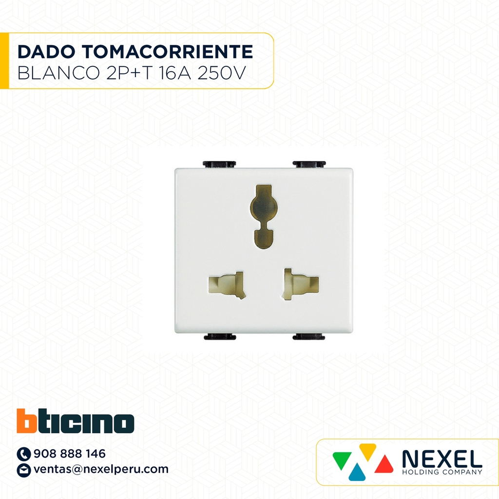 OUT- DADO TOMACORRIENTE UNIVERSAL DOBLE 3 MOD BLANCO 2P+T 16A 250V MATIX AM5025DWT + PLACA 3 MOD AM503/3BN BTICINO
