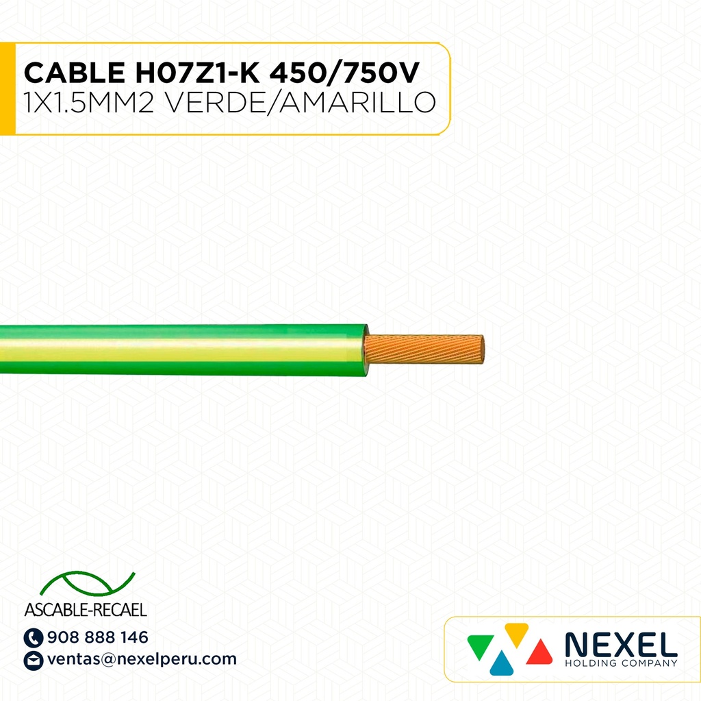 CABLE H07Z1-K 450/750V 1X1.5MM2 VERDE/AMARILLO (RLL X100MTS) ASCABLE