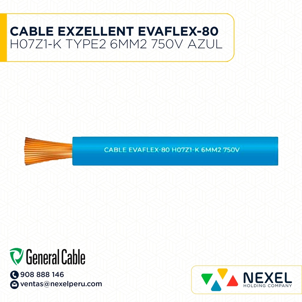 CABLE EXZELLENT EVAFLEX-80 H07Z1-K TYPE2 6MM2 750V AZUL GENERAL CABLE
