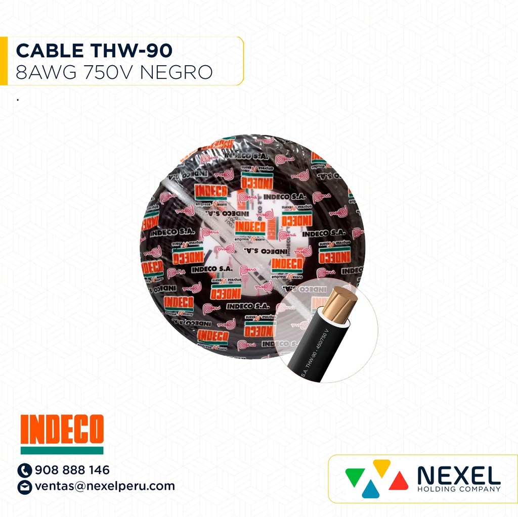CABLE THW-90 750V 8AWG NEGRO INDECO