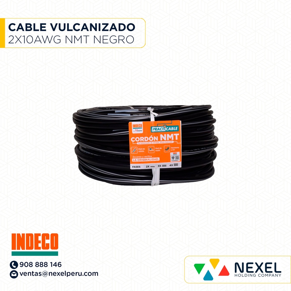 CABLE VULCANIZADO NMT 2X10AWG 500V NEGRO INDECO