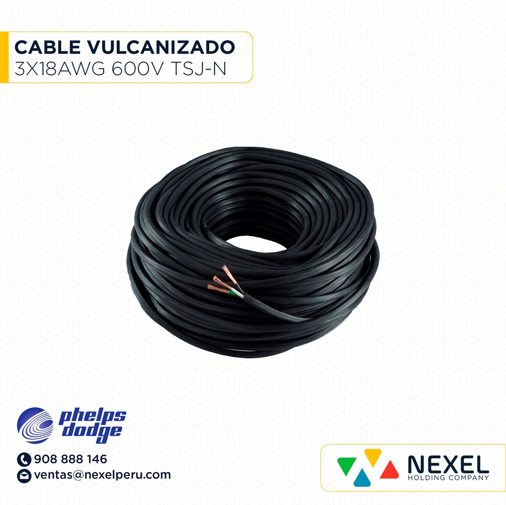 CABLE VULCANIZADO TSJ-N 3X18AWG 600V NEGRO PHELPS DODGE