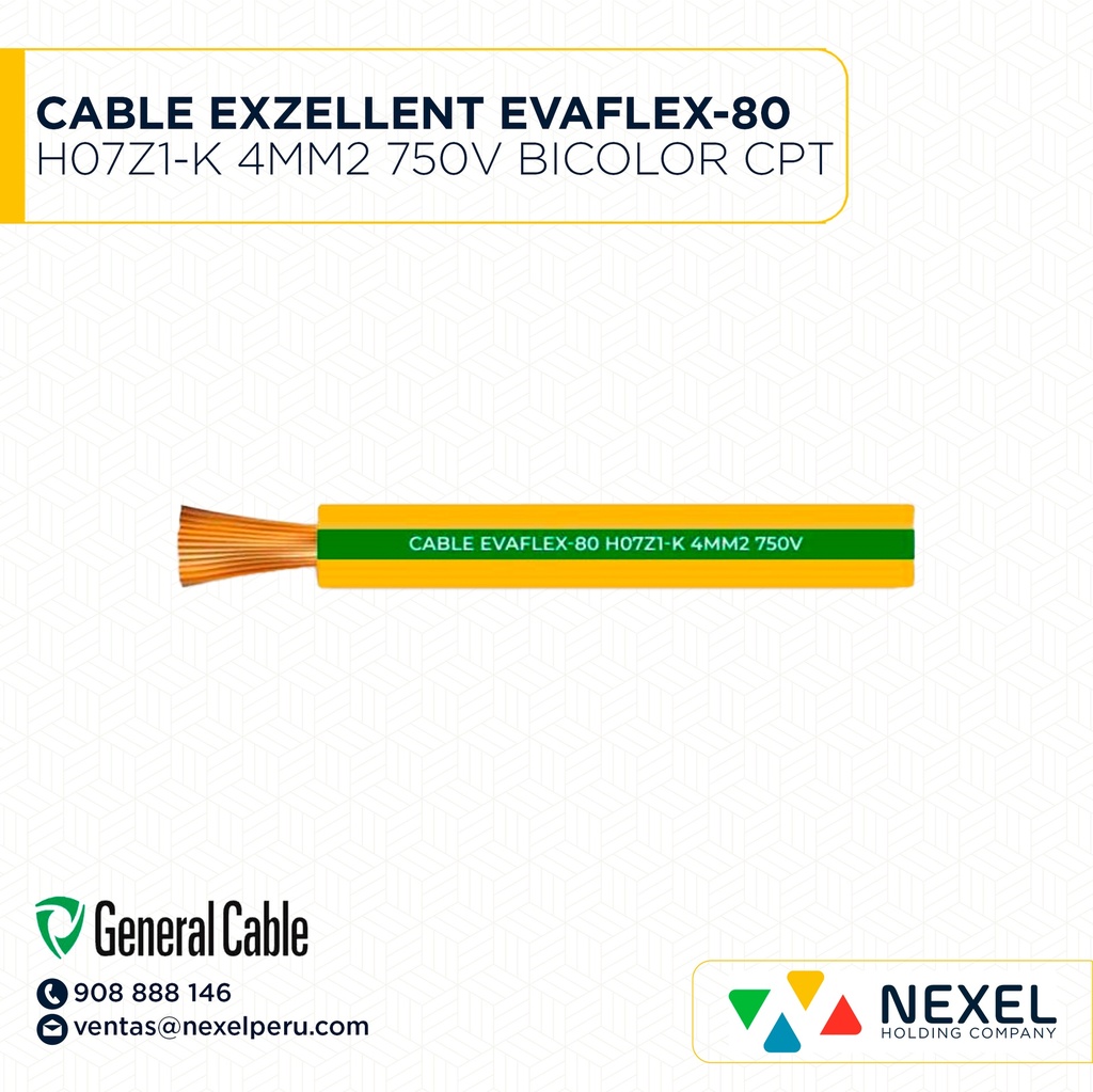 CABLE EXZELLENT EVAFLEX-80 H07Z1-K 4MM2 LIBRE DE HALOGENO 750V BICOLOR VERDE/AMARILLO CPT GENERAL CABLE