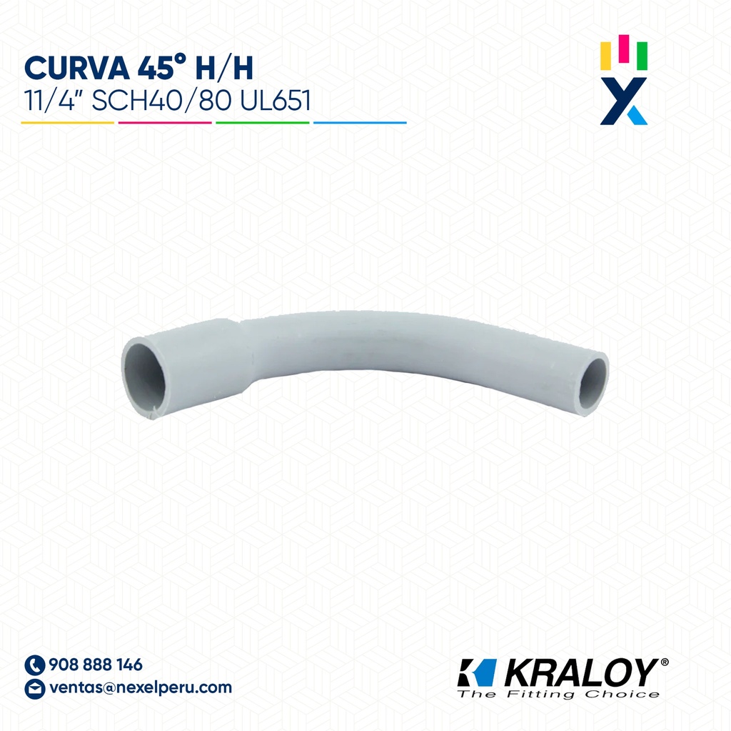 CURVA PVC SCH40 45° HEMBRA/HEMBRA 11/4" (31MM) UL651 KRALOY