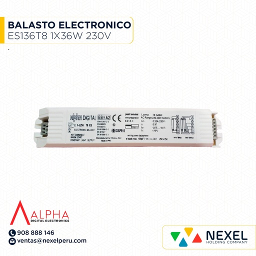 [H52497-O] OUT- BALASTO ELECTRONICO ES136T8 1X36W 220-230V 50/60HZ ALPHA DIGITAL 